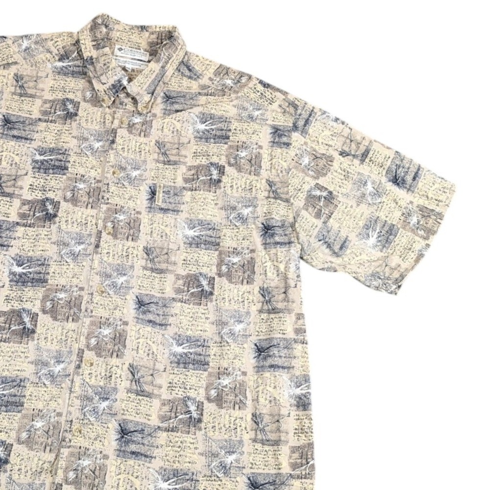 Columbia Fly Fishing Lure Print Shirt Mens XXL Tan Gray Cotton Short Sleeve